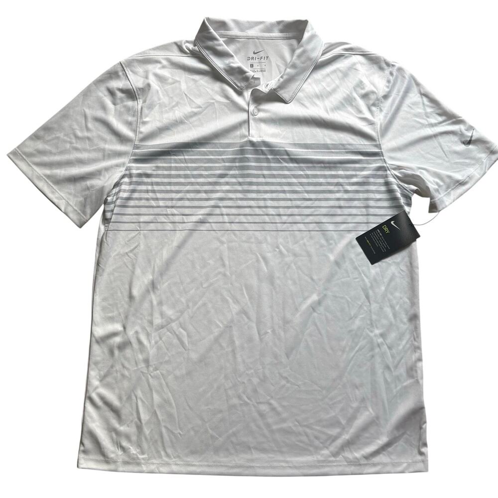 NWT Nike Dry Men’s DRI-FIT Polo Gray White Stripe Golf Polo Short Sleeve Large